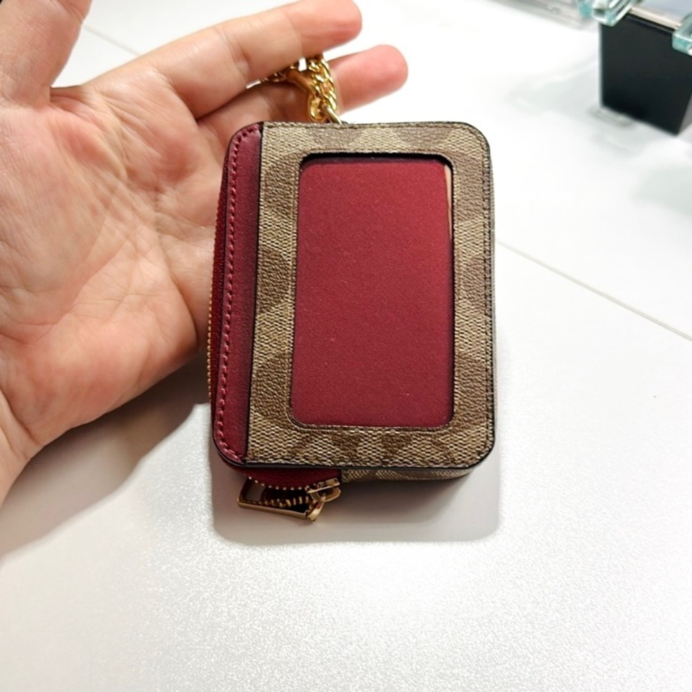 COACH Zip ID Card Case With Gold Chain Strap Red/Tan Color Leather Mini Wallet - Picture 3 of 4